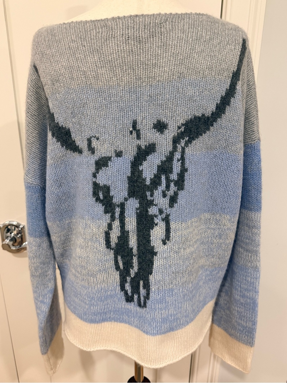 Skull Cashmere Crewneck Sweater in Light Blue, Gray & Cream with Graphic